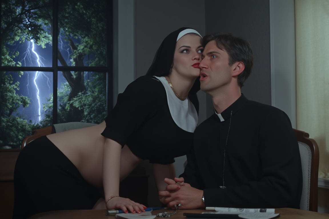 a completely sfw cinematic photo of an nun woman 24 year old pinup model, wearing nun habit and cross necklace, with a pregnancy bump, looking happy and kissing the cheek of: an extremely nervous looking priest man who is sitting at the desk holding a rosary. the priest is looking up thinking that God got him into this mess and needs to get him out. Just then a lighting bolt strikes a tree outside, depicted in a window over their shoulders.