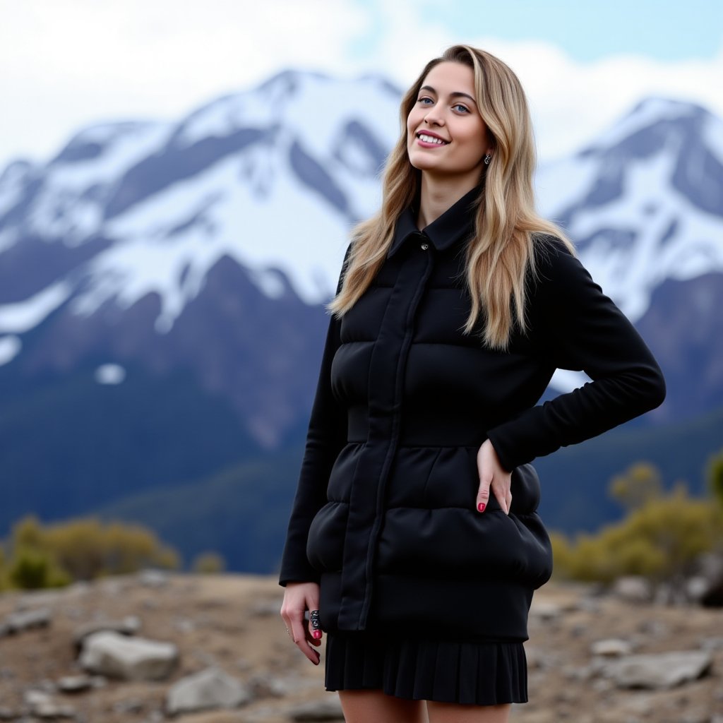 A 2020 film, 4K, front pov, Paris Jackson standing in the rocky area, snowy mountain tops in the background, long blonde hair, blue eyes, smirking with on ehand in the hip, wearing a puffy black coat and a pleated skirt