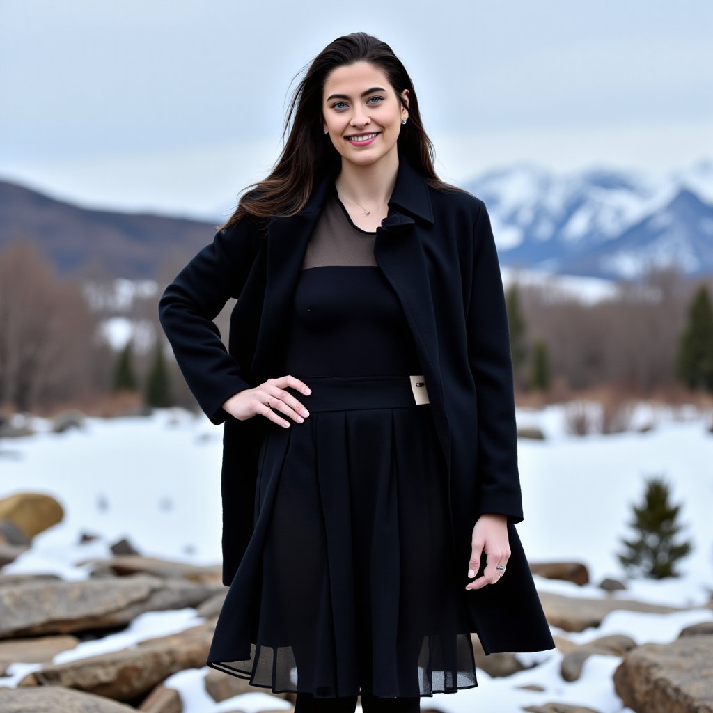 A 2020 film, 4K, front pov, Paris Jackson standing in the rocky area, snowy mountain tops in the background, smirking with on ehand in the hip, wearing a puffy black coat and a pleated skirt