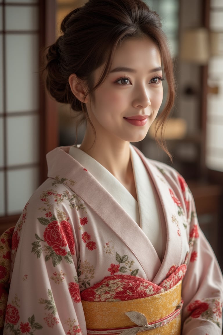 A beautiful young Japanese woman, 22yo, natural beauty feminine face, stunning, charming smile on face, alluring figure, even pale skin, luxurious Japan style kimono, ornate floral embroidered, cinematic, highly details, immersive atmosphere, impeccably detailed, visually stunning, real-to-life upper body portrait, transfixing looks, emotive depth, artistic emotionality, compelling glances, 