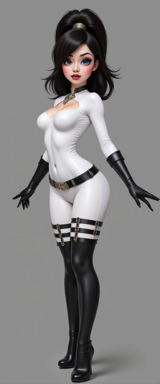 In a striking frame, a vibrant animated woman stands tall, arms outstretched in a dynamic pose. Her stark white bodysuit, accented by a black belt, provides a sleek backdrop for her black leather gloves, adding a bold touch of contrast. Vibrant black hair frames her face, while piercing blue eyes and darker blue lips create an alluring gaze. A serious expression adds depth to the composition, set against a stark gray background that provides a striking counterpoint to her outfit.,ct-gigi identiy,ct-smeraldity