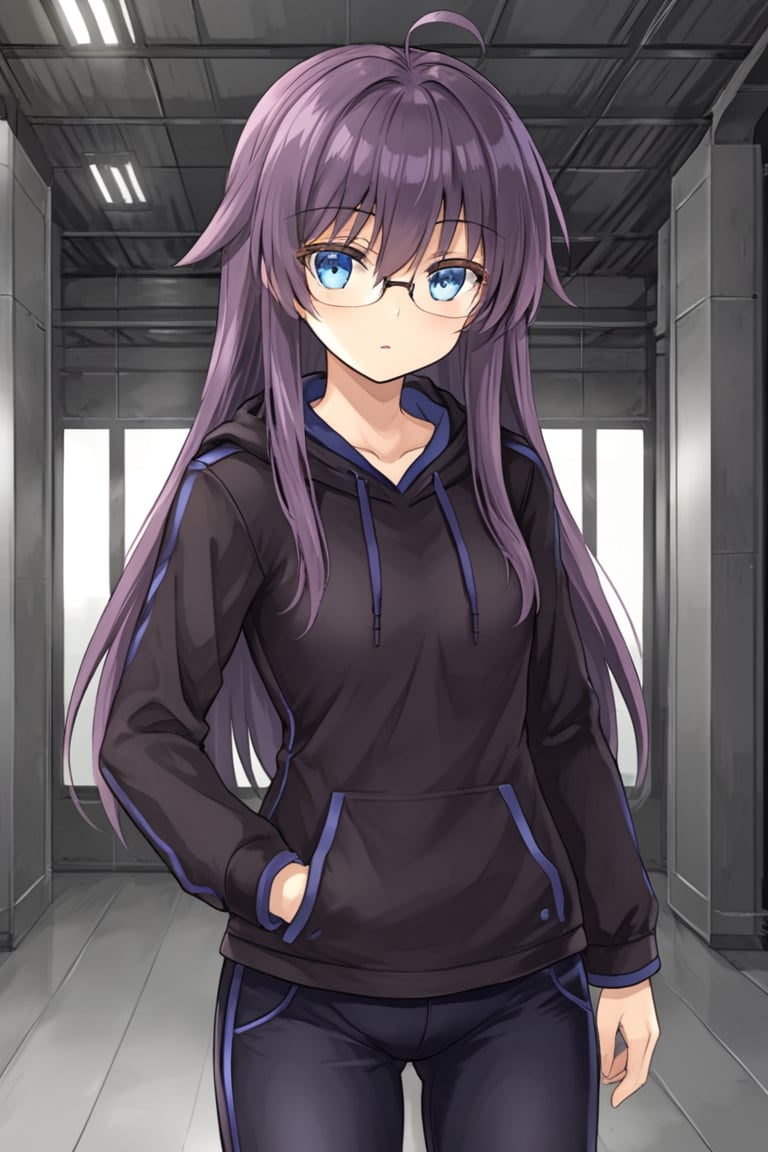 1girl, solo, dtharuna, purple hair, long hair, ahoge, blue eyes, eyewear, glasses, black shirt, long sleeves, hoodie, dark blue pants, cowboy shot, standing, indoors, futuristic room, parted lips