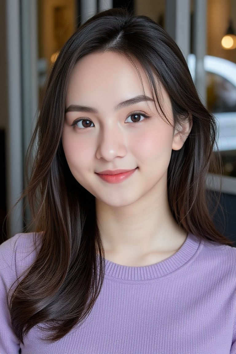 The medium shot photograph captures asian girl in with long, straight brown hair and a warm, friendly expression. They are wearing a cozy, purple sweater and have soft makeup, including pink lipstick and subtle blush, which enhances their natural beauty. Their eyebrows are well-defined, and their skin is fair with a smooth complexion. The background appears to be an outdoor scene with blurred elements, likely a window behind them, creating a soft and inviting atmosphere. The lighting is balanced, highlighting their facial features and the texture of the sweater.