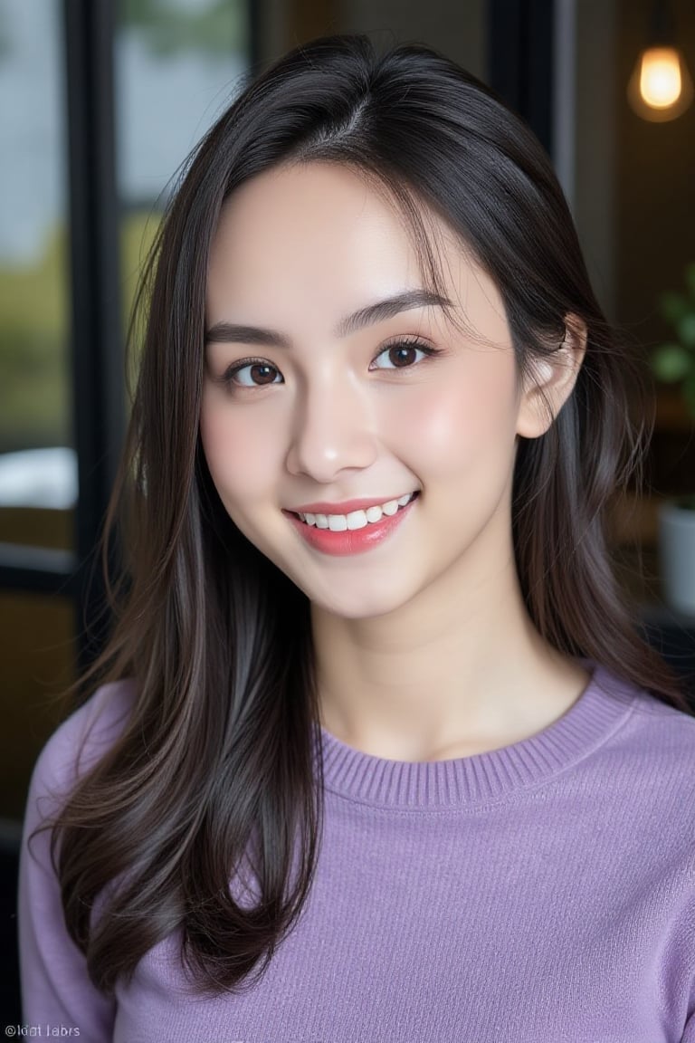 photograph captures asian girl in with long, straight brown hair and a warm, friendly expression, dynamic pose. They are wearing a cozy, purple sweater and have soft makeup, including pink lipstick and subtle blush, which enhances their natural beauty. Their eyebrows are well-defined, and their skin is fair with a smooth complexion. The background appears to be an outdoor scene with blurred elements, likely a window behind them, creating a soft and inviting atmosphere. The lighting is balanced, highlighting their facial features and the texture of the sweater.