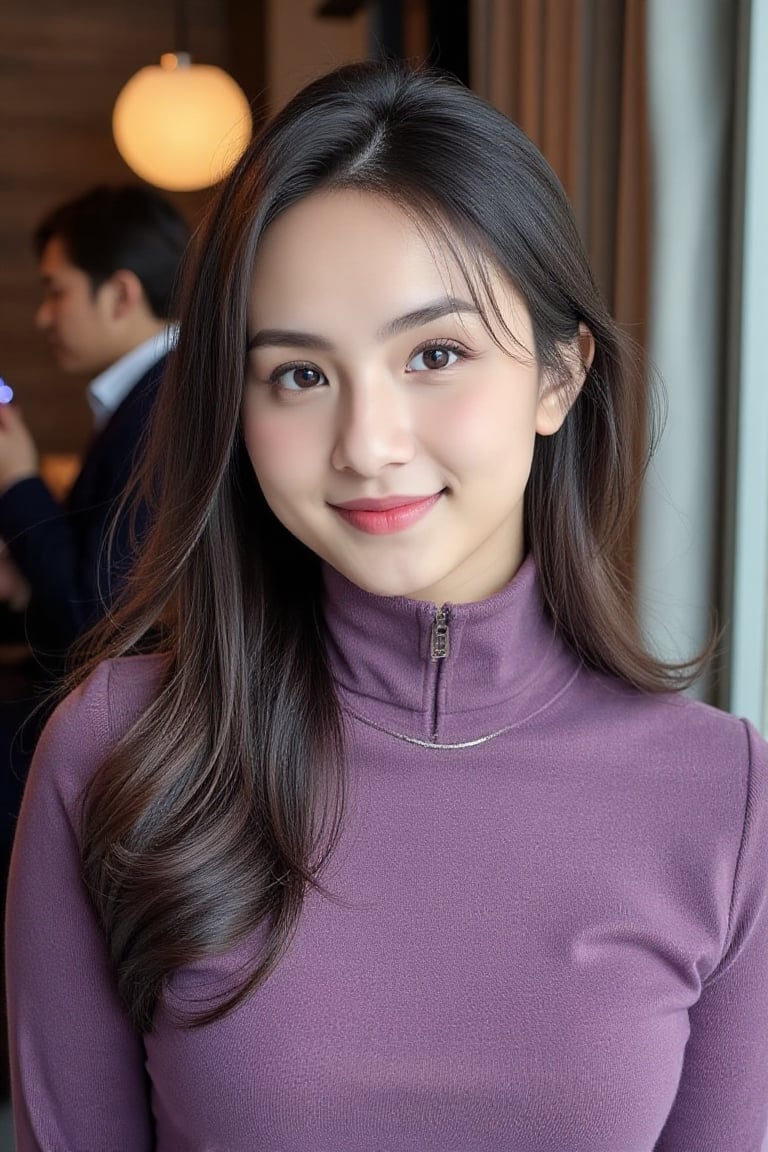 photograph captures asian girl in with long, straight brown hair and a warm, friendly expression, dynamic pose. They are wearing a cozy, purple sweater and have soft makeup, including pink lipstick and subtle blush, which enhances their natural beauty. Their eyebrows are well-defined, and their skin is fair with a smooth complexion. The background appears to be an outdoor scene with blurred elements, likely a window behind them, creating a soft and inviting atmosphere. The lighting is balanced, highlighting their facial features and the texture of the sweater.