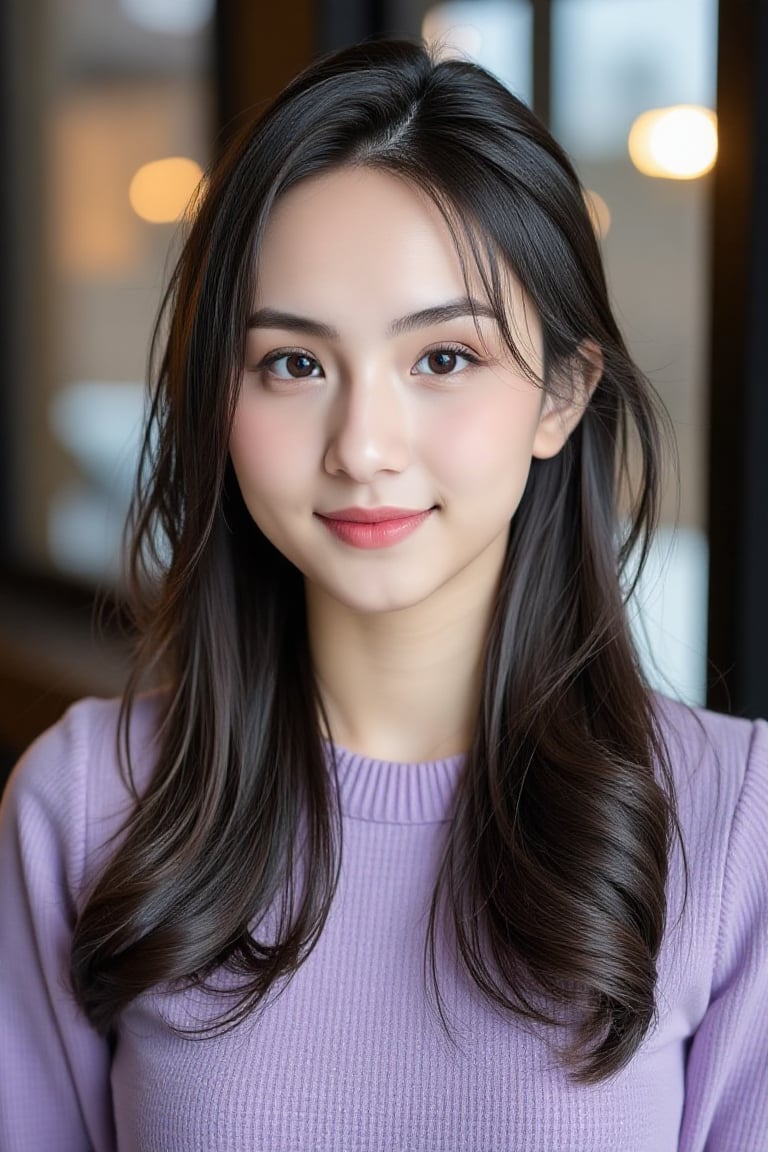 The medium shot photograph captures asian girl in with long, straight brown hair and a warm, friendly expression. They are wearing a cozy, purple sweater and have soft makeup, including pink lipstick and subtle blush, which enhances their natural beauty. Their eyebrows are well-defined, and their skin is fair with a smooth complexion. The background appears to be an outdoor scene with blurred elements, likely a window behind them, creating a soft and inviting atmosphere. The lighting is balanced, highlighting their facial features and the texture of the sweater.