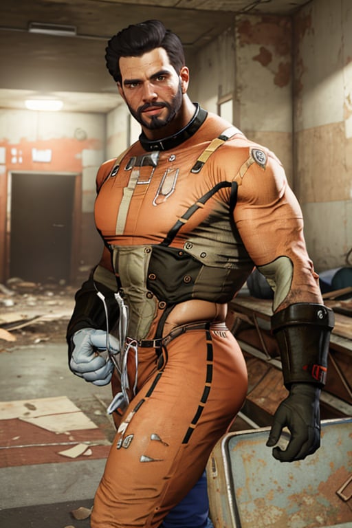 perfect anatomy, perfect proportions, best quality, masterpiece, high_resolution, high quality, best aesthetic, incredibly absurdres, highres, extremely detailed, huge filesize, mature, masculine, manly, virile, handsome, charming, alluring, bara, male focus, solo male, cowboy shot, dutch angle, source_game \(Fallout 4\), official style \(Fallout 4\),  Danse, FO4Danse , black hair, short hair, light brown eyes, facial hair, beard, Danse_Outfit02, T-60 power armor \(Fallout 4\), power armor, outdoors, Fallout 4 location, post-apocalyptic ruins, desolated landscape, dark blue sky