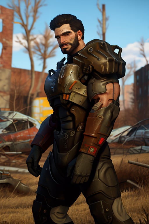 perfect anatomy, perfect proportions, best quality, masterpiece, high_resolution, high quality, best aesthetic, incredibly absurdres, highres, extremely detailed, huge filesize, mature, masculine, manly, virile, handsome, charming, alluring, bara, male focus, solo male, cowboy shot, dutch angle, source_game \(Fallout 4\), official style \(Fallout 4\),  Danse, FO4Danse , black hair, short hair, light brown eyes, facial hair, beard, Danse_Outfit02, T-60 power armor \(Fallout 4\), power armor, outdoors, Fallout 4 location, post-apocalyptic ruins, desolated landscape, dark blue sky