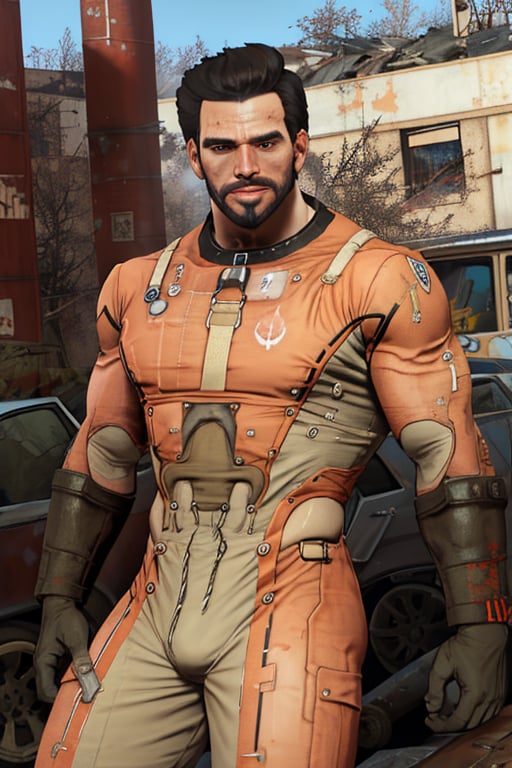 perfect anatomy, perfect proportions, best quality, masterpiece, high_resolution, high quality, best aesthetic, incredibly absurdres, highres, extremely detailed, huge filesize, mature, masculine, manly, virile, handsome, charming, alluring, bara, male focus, solo male, cowboy shot, dutch angle, source_game \(Fallout 4\), official style \(Fallout 4\),  Danse, FO4Danse , black hair, short hair, light brown eyes, facial hair, beard, Danse_Outfit02, T-60 power armor \(Fallout 4\), power armor, outdoors, Fallout 4 location, post-apocalyptic ruins, desolated landscape, dark blue sky