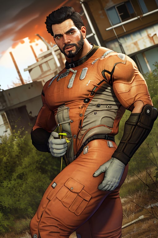 perfect anatomy, perfect proportions, best quality, masterpiece, high_resolution, high quality, best aesthetic, incredibly absurdres, highres, extremely detailed, huge filesize, mature, masculine, manly, virile, handsome, charming, alluring, bara, male focus, solo male, cowboy shot, dutch angle, source_game \(Fallout 4\), official style \(Fallout 4\),  Danse, FO4Danse , black hair, short hair, light brown eyes, facial hair, beard, Danse_Outfit02, T-60 power armor \(Fallout 4\), power armor, outdoors, Fallout 4 location, post-apocalyptic ruins, desolated landscape, dark blue sky