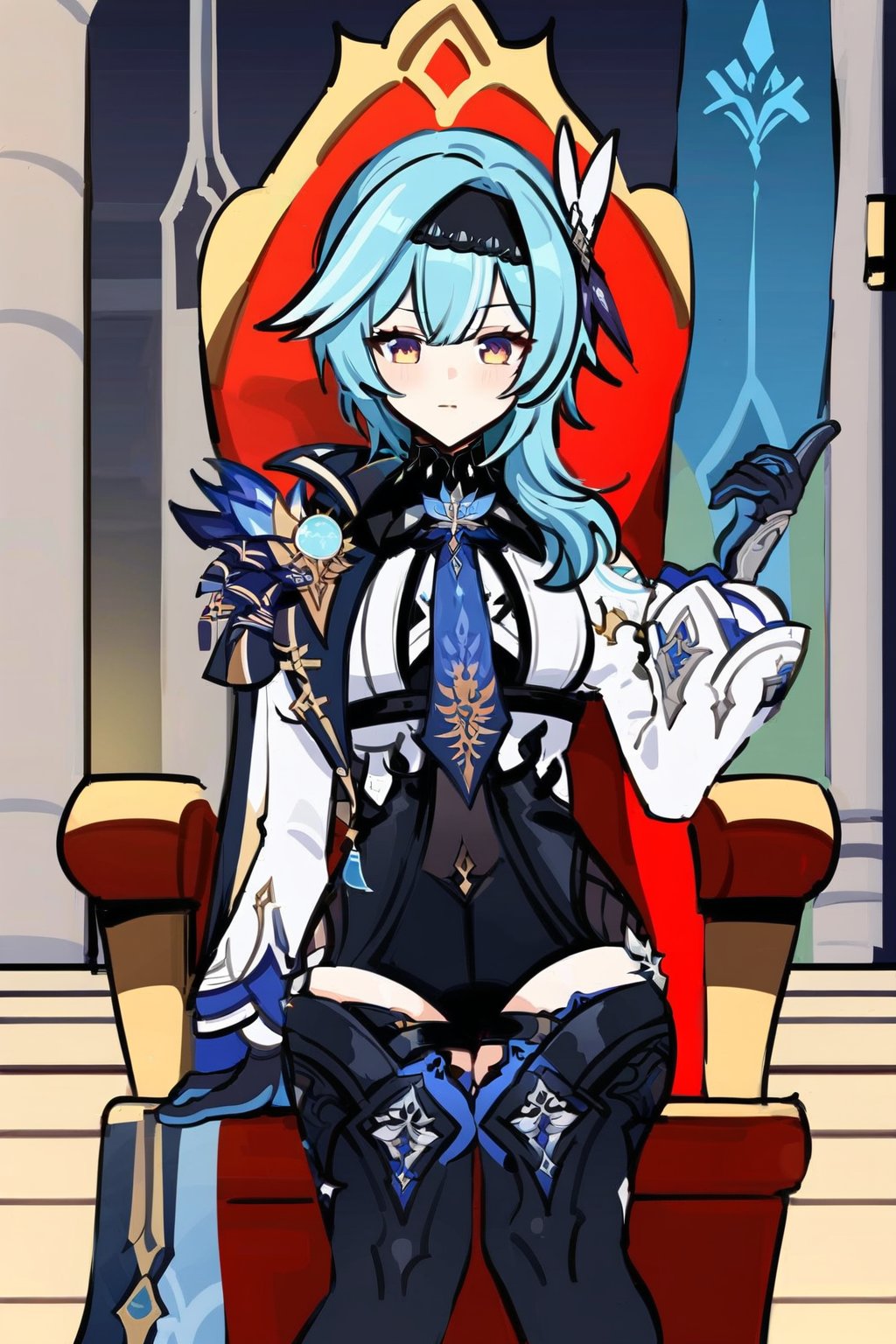 Prompt: Eula of genshin impact,looking at the camera sitting on a throne, with a castle in the background,eula (genshin impact), hairband, blue hair, multicolored eyes, necktie, cape, vision \(genshin impact\), leotard, long sleeves, gloves, sidelocks, black thighhighs,,
