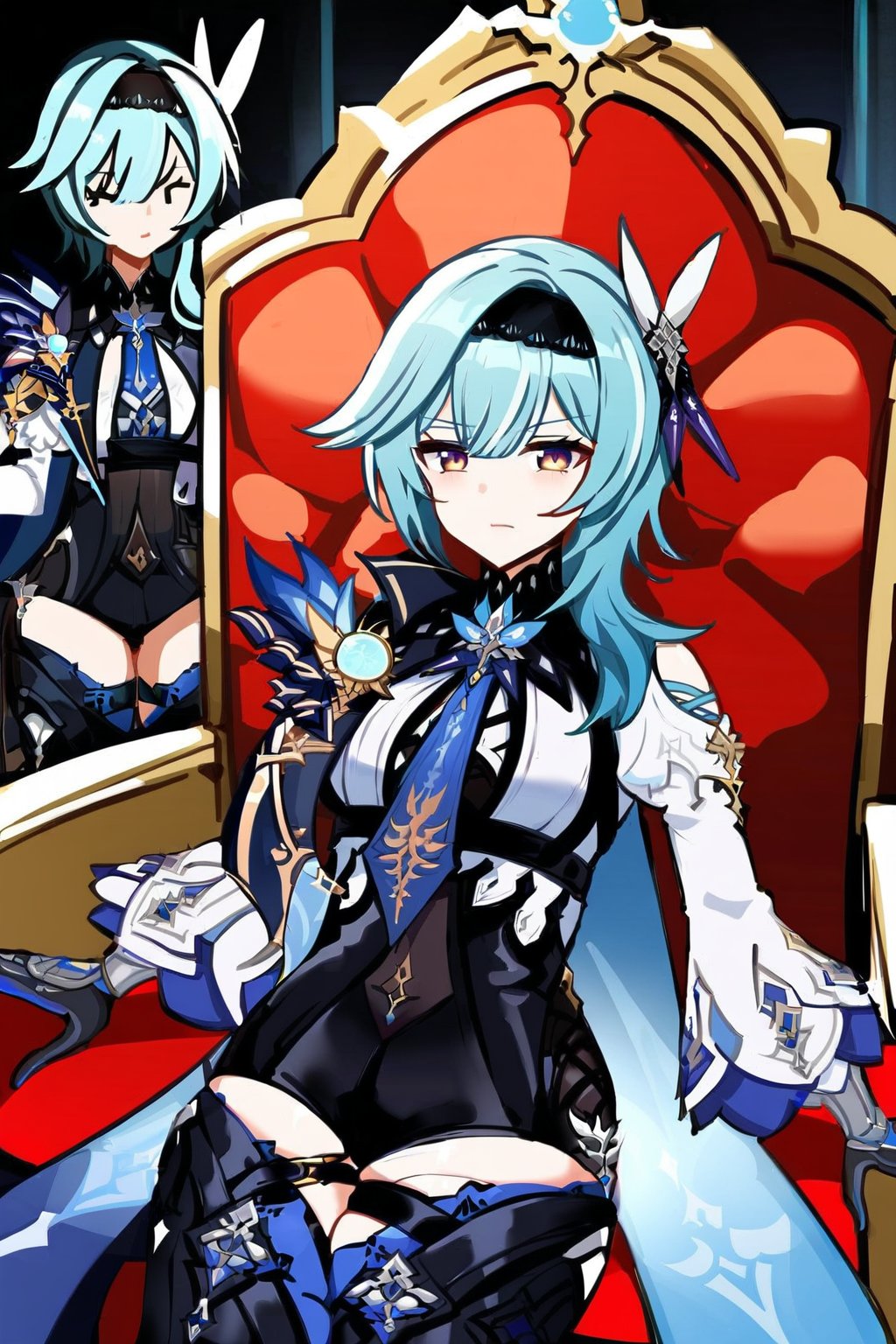 Prompt: Eula of genshin impact,looking at the camera sitting on a throne, with a castle in the background,eula (genshin impact), hairband, blue hair, multicolored eyes, necktie, cape, vision \(genshin impact\), leotard, long sleeves, gloves, sidelocks, black thighhighs,,
