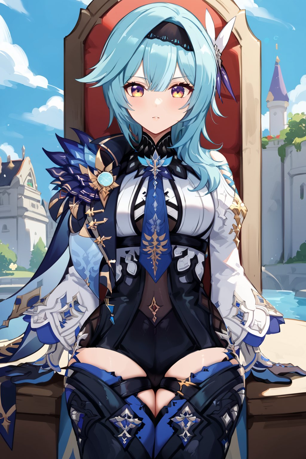 Prompt: Eula of genshin impact,looking at the camera sitting on a throne, with a castle in the background,eula (genshin impact), hairband, blue hair, multicolored eyes, necktie, cape, vision \(genshin impact\), leotard, long sleeves, gloves, sidelocks, black thighhighs,,
