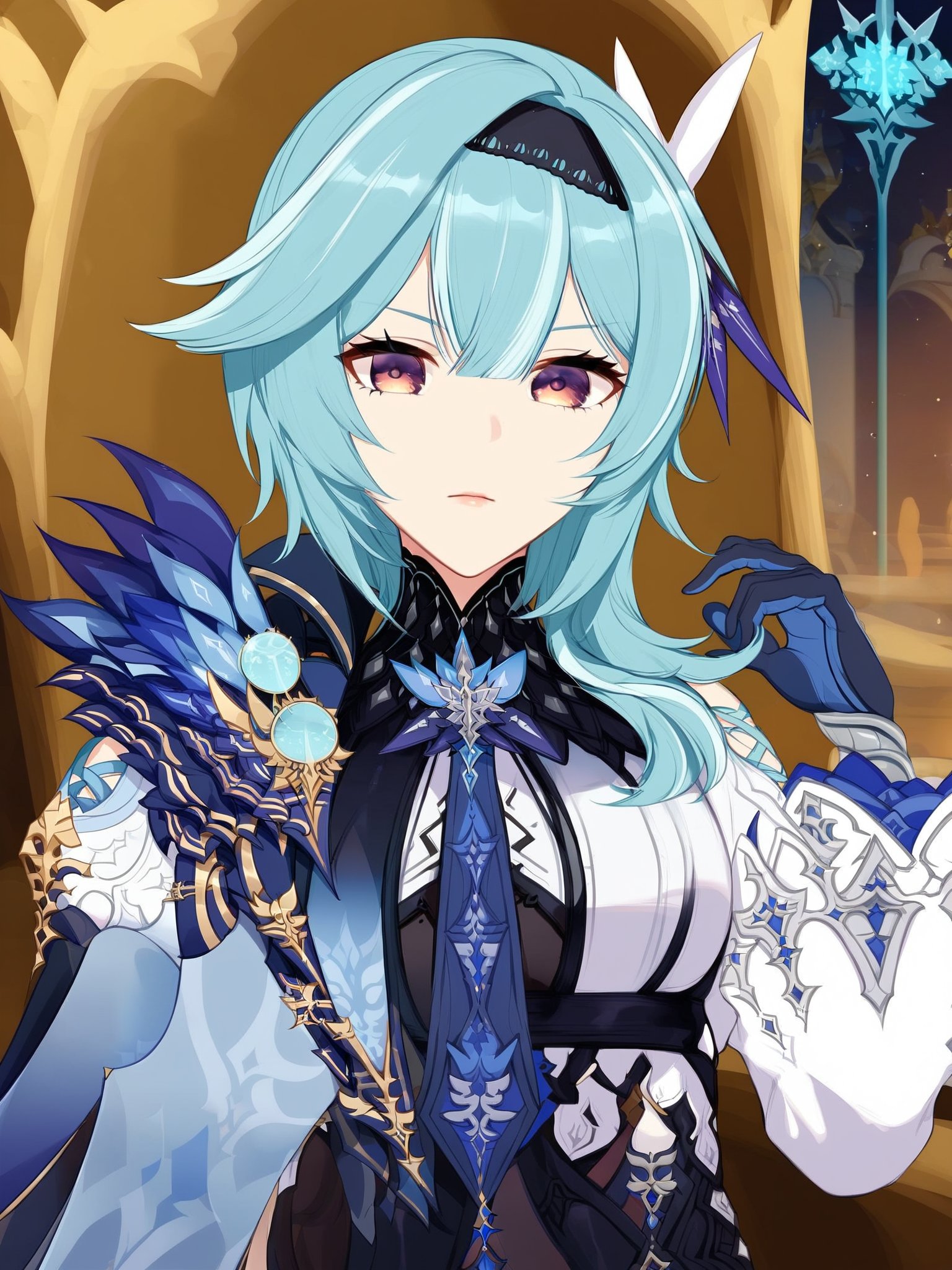 Eula of genshin impact,looking at the camera sitting on a throne, with a castle in the background,eula (genshin impact), hairband, blue hair, multicolored eyes, necktie, cape, vision \(genshin impact\), leotard, long sleeves, gloves, sidelocks, black thighhighs,