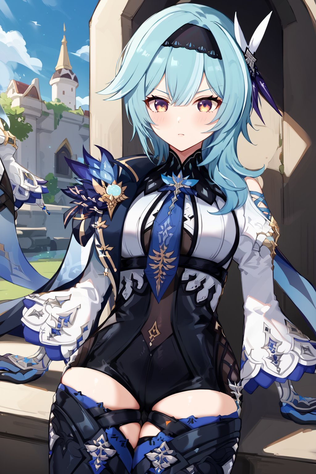 Prompt: Eula of genshin impact,looking at the camera sitting on a throne, with a castle in the background,eula (genshin impact), hairband, blue hair, multicolored eyes, necktie, cape, vision \(genshin impact\), leotard, long sleeves, gloves, sidelocks, black thighhighs,,
