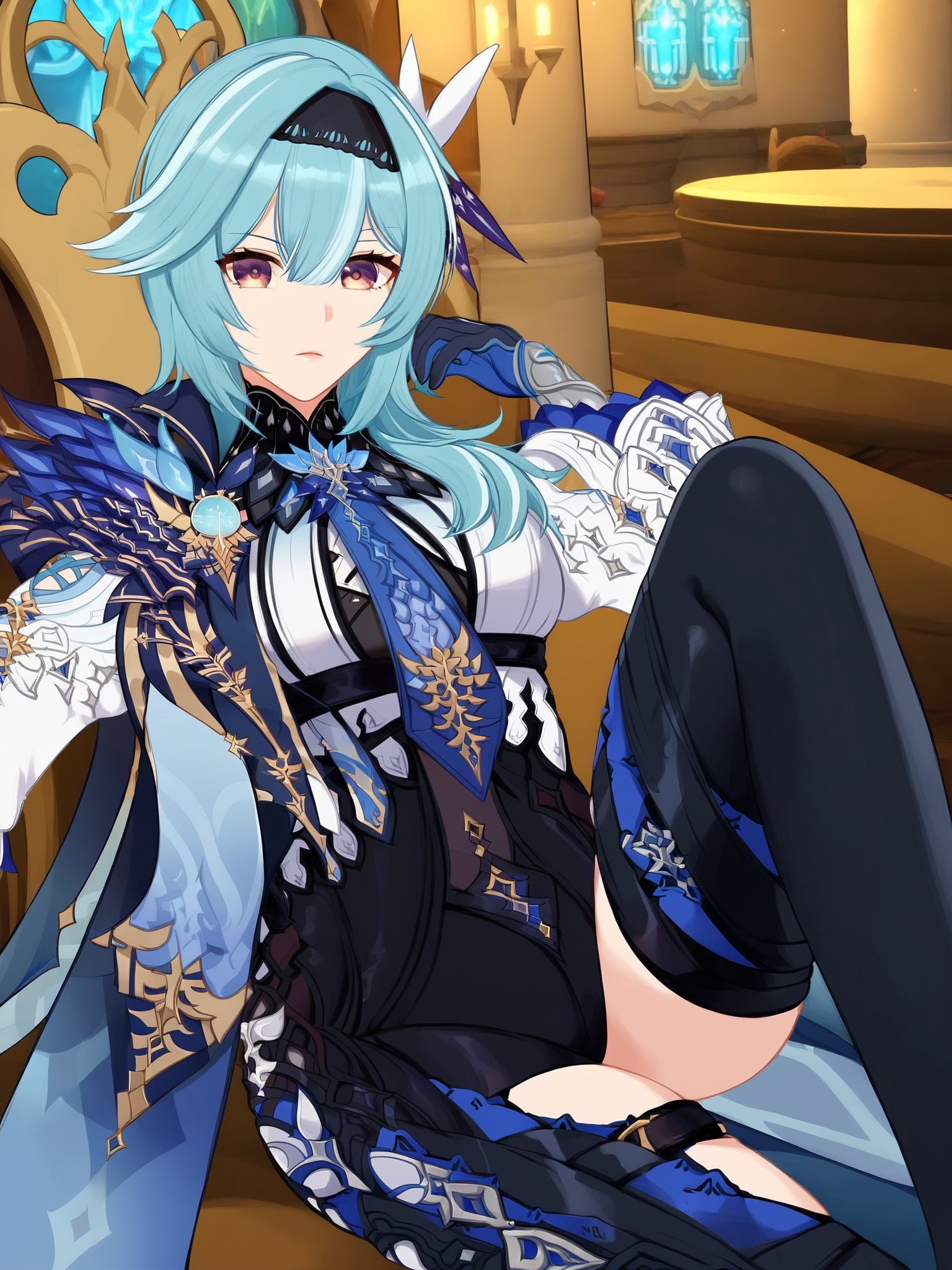 Eula of genshin impact,looking at the camera sitting on a throne, with a castle in the background,eula (genshin impact), hairband, blue hair, multicolored eyes, necktie, cape, vision \(genshin impact\), leotard, long sleeves, gloves, sidelocks, black thighhighs,