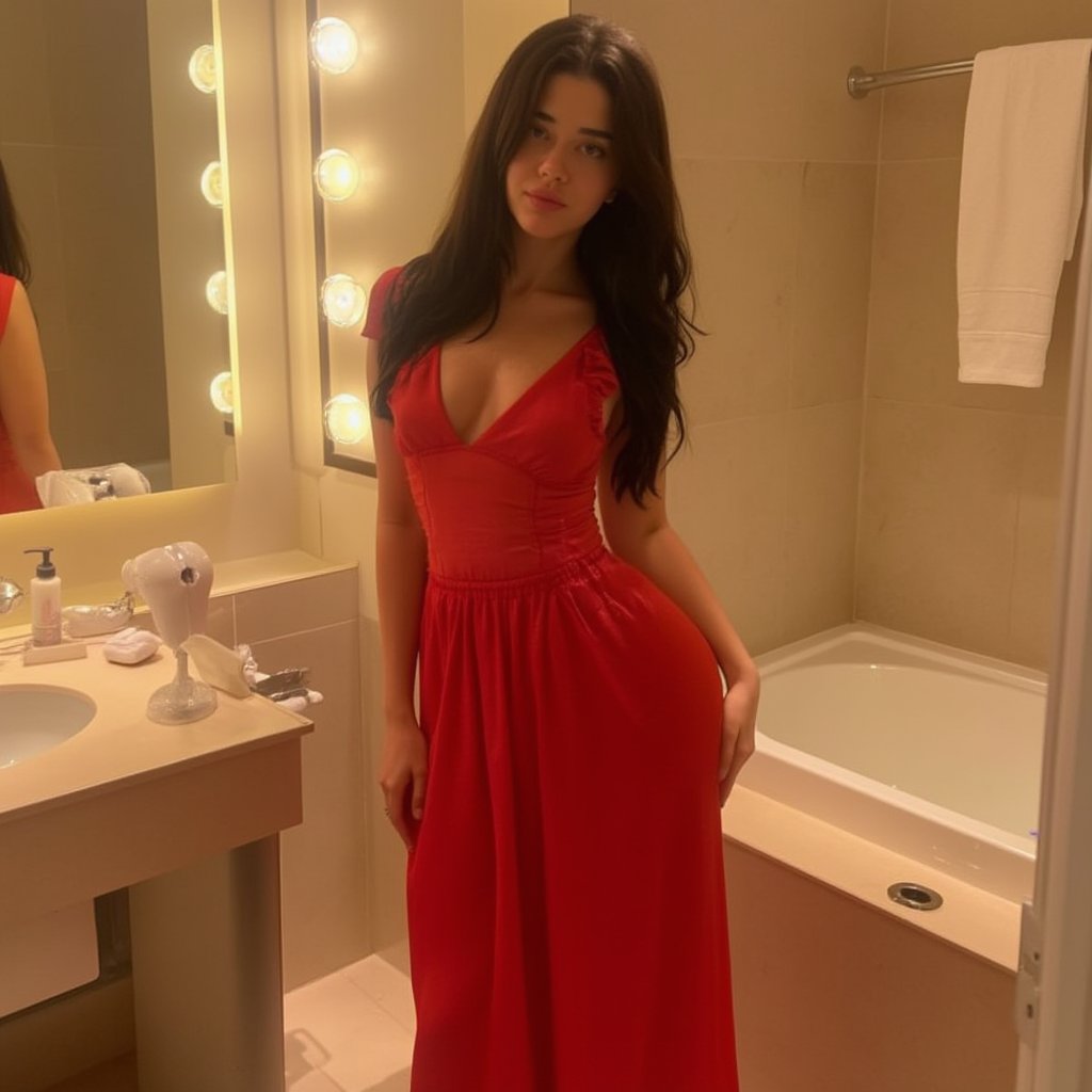 Vanessa Reinhardt , A young woman poses in a bathroom, wearing a flowing red dress with a low neckline and ruffled detailing. She has long, dark hair and an expression of calm confidence. The bathroom features a modern design with a mirror reflecting her and a subtle view of a bathtub. Countertops display toiletries and a hairdryer, adding to the everyday setting. The lighting is warm, enhancing the overall aesthetic of the scene.