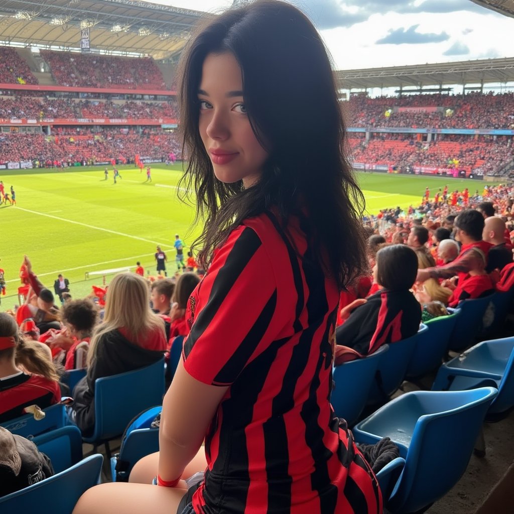 Vanessa Reinhardt , A young woman with long, wavy black hair is sitting in a crowded stadium, wearing a red and black striped football jersey. She turns slightly to face the camera, her piercing blue eyes and soft, confident expression standing out against the vibrant and lively background. Her posture is relaxed, sitting on a blue plastic seat, with one leg tucked underneath her and her denim shorts adding to her casual yet stylish look. The stadium is packed with passionate fans, many wearing the same colors, filling the stands with a sea of red and black as they cheer and watch the game below. The sun illuminates parts of the crowd, casting a warm glow over the bustling scene. The energy of the event contrasts with her calm demeanor, as if she's enjoying the atmosphere but remains composed amidst the excitement. The overall mood of the image captures the spirit of camaraderie and pride that comes with attending a live sporting event, while focusing on a personal moment of quiet confidence in the midst of the action.


