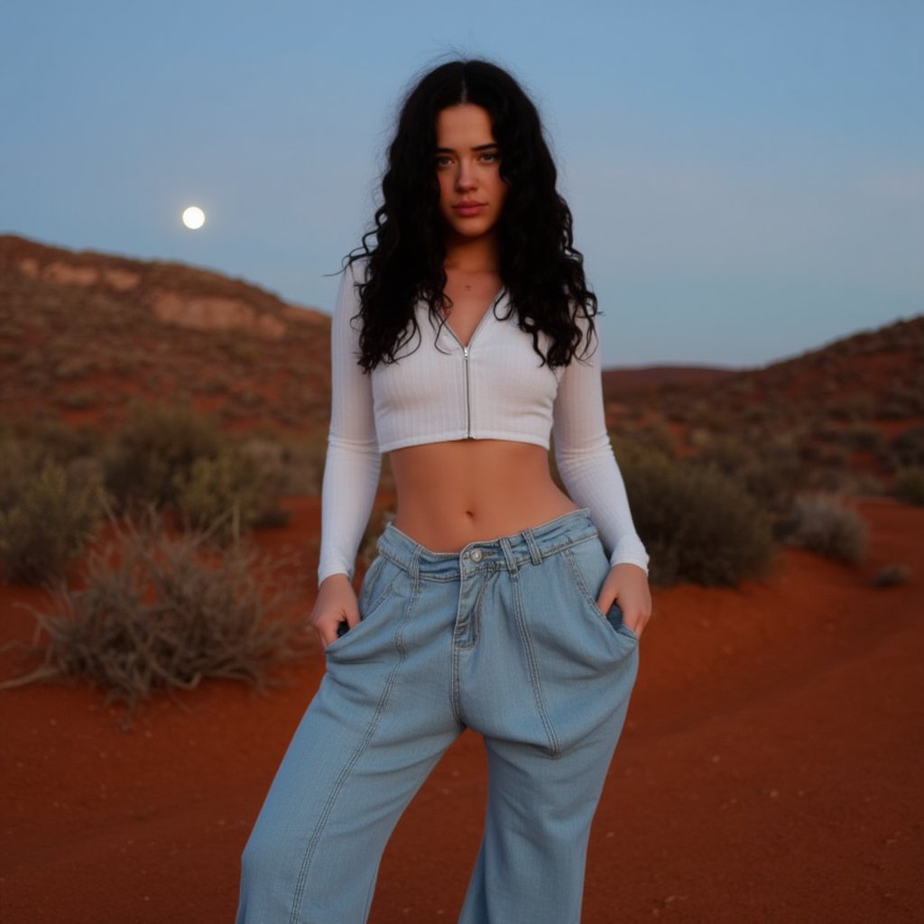 Vanessa Reinhardt , Generate an outdoor scene at dusk, with soft golden lighting illuminating a young woman standing in front of a dry, desert-like terrain. The ground is reddish-brown with patches of dry grass and small shrubs. The woman has long, dark, wavy hair and wears a form-fitting white zip-up top that reveals her midriff. She is holding up oversized, light blue baggy jeans, exposing her waist. The moon is visible in the background against a clear twilight sky, adding to the serene, natural atmosphere.