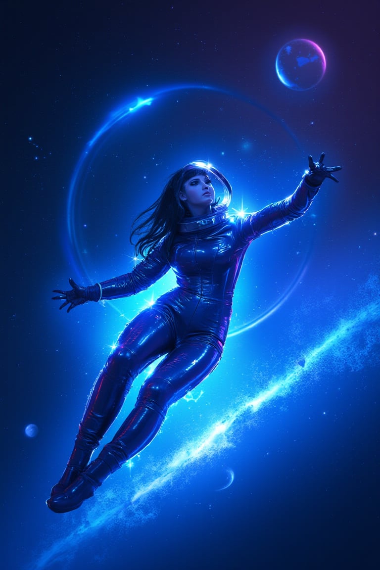 neon_glow of a woman in a reflective spacesuit, floating gracefully in zero gravity before a swirling cosmic background of neon stardust and electric-blue planets, her eyes wide with awe as the universe glows around her.