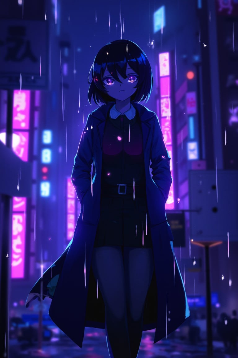 neon_glow, anime style of a woman in a long trench coat, walking under the glow of flickering street signs. Rain drizzles down, and her calm, reflective eyes glow softly as the lights of the city flash around her in purple and blue.