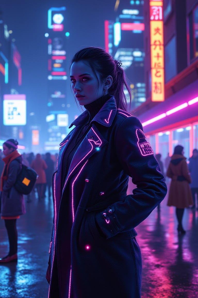 neon_glow of a woman in a neon-accented trench coat, standing confidently in a futuristic city plaza, her piercing eyes scanning the bustling crowd of neon-clad pedestrians, the towering buildings around her glowing with electric energy.