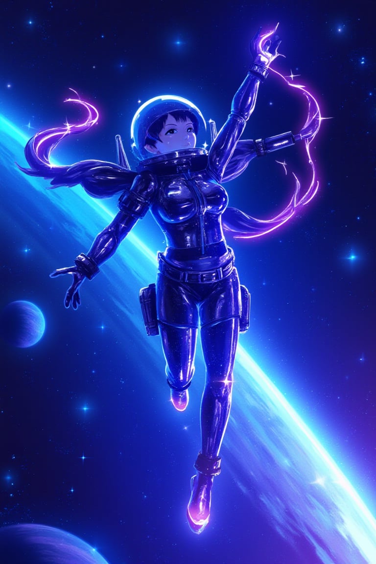 neon_glow, anime style of a woman in a reflective spacesuit, floating weightlessly in space as neon stars and electric blue planets swirl around her. Her wide-eyed expression reflects wonder at the cosmic beauty enveloping her.