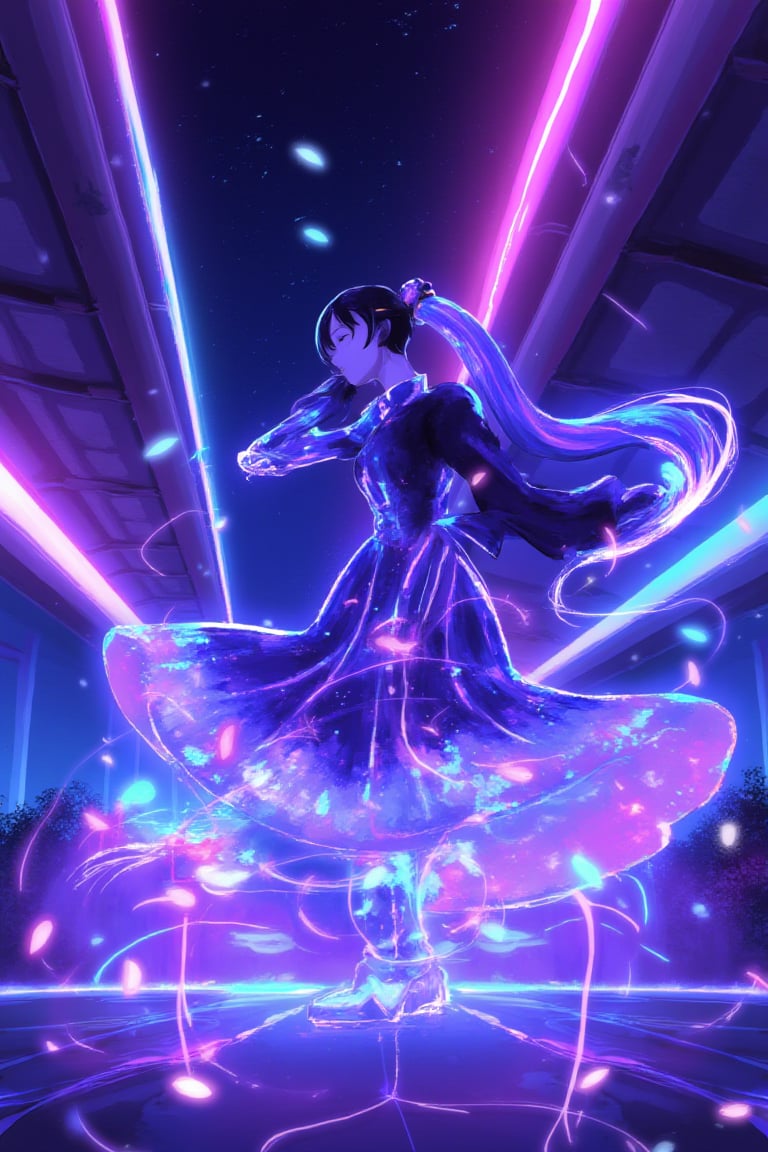 neon_glow, anime style of a woman in a flowing, holographic dress, spinning under a neon bridge, her joyful expression lit up by swirling neon lights that dance around her, creating a dreamlike atmosphere as she twirls.