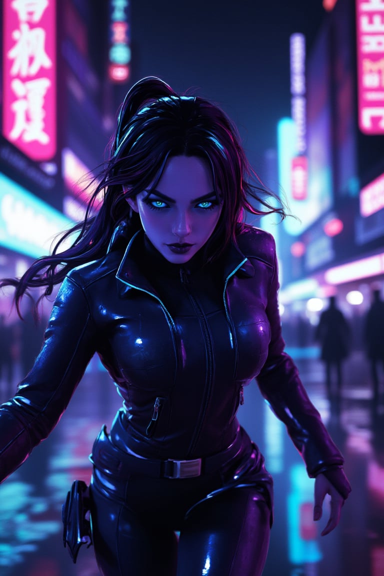 neon_glow of a woman in a sleek leather jacket, sprinting through a cyberpunk city, her eyes focused and determined, neon lights reflecting off her jacket.