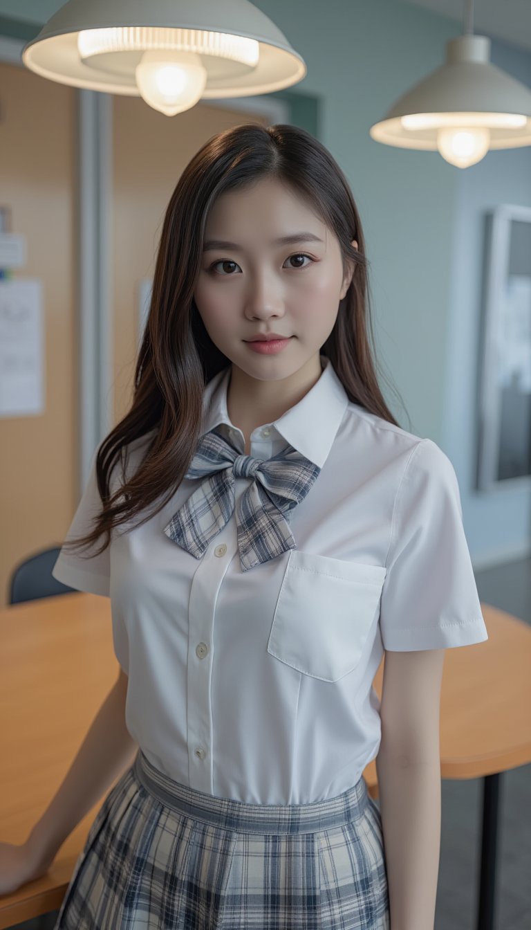 A close-up shot of a single girl, dressed in a crisp office uniform, stands confidently in front of a sleek office bench. The bright fluorescent lighting above casts a warm glow on her school uniform, highlighting the stitching and creases. Her pose is strong and assertive, with one hand resting lightly on the edge of the bench as she looks directly at the camera.