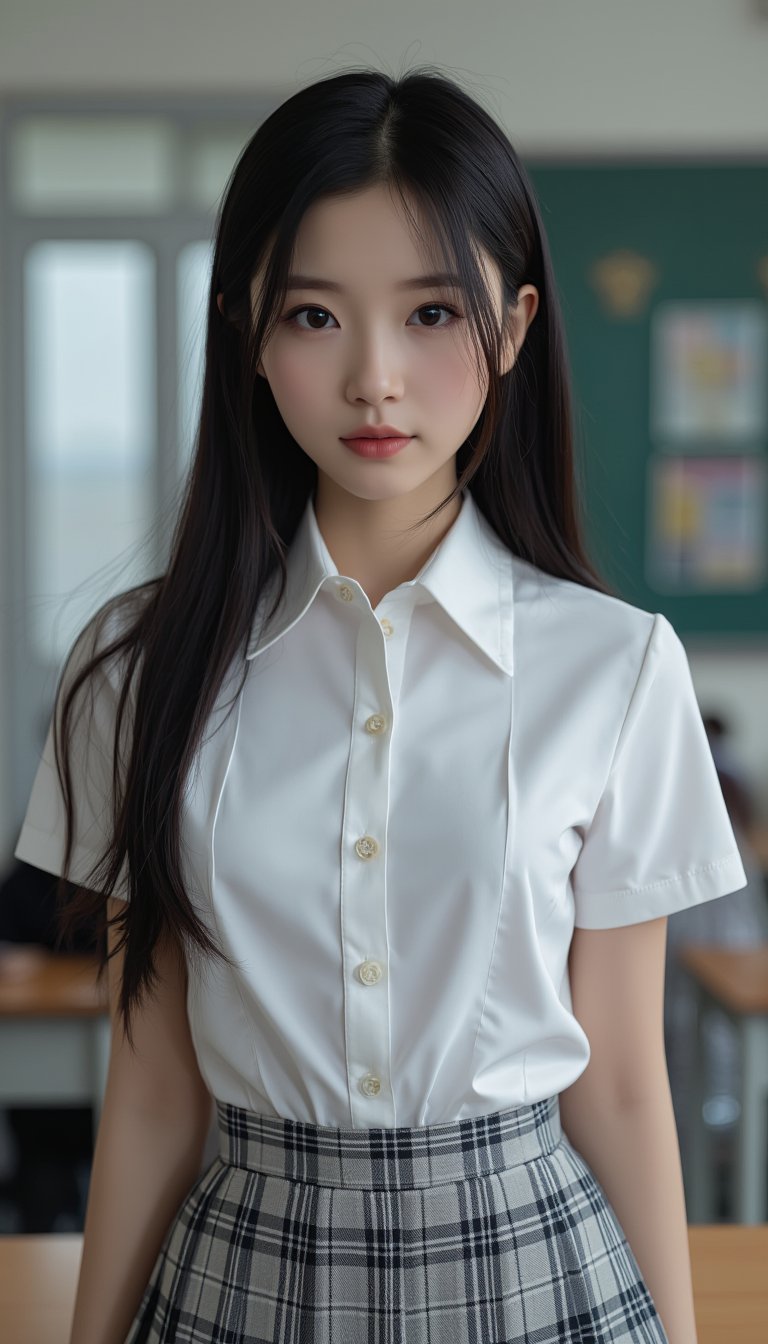 Close-up shot of an ultra-realistic schoolgirl standing confidently in a cluttered classroom setting. Her raven-black hair flows down her back like a waterfall, with individual strands framing her heart-shaped face. Her innocent eyes sparkle directly at the viewer, as she wears a crisp white blouse and a textured miniskirt. The camera captures the delicate folds of her uniform and the subtle texture of her clothing, showcasing the highest level of detail in every aspect of this stunning portrait.