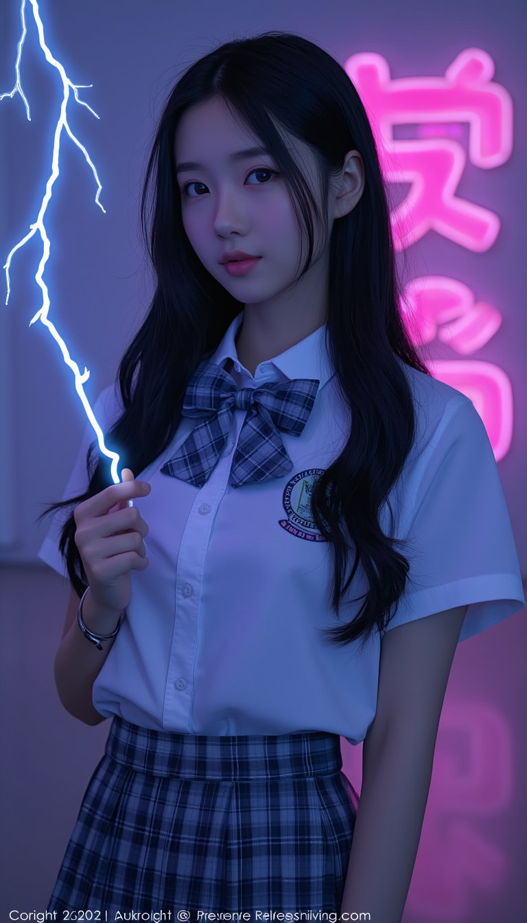 (masterpiece, realistic, best quality, ultra detailed), (1girl), cute, extreme detailed,(black_hair), highest detailed, facing_viewer, lightning, school uniform, long hair, text "AsianSchool Gifl" om Neon Box