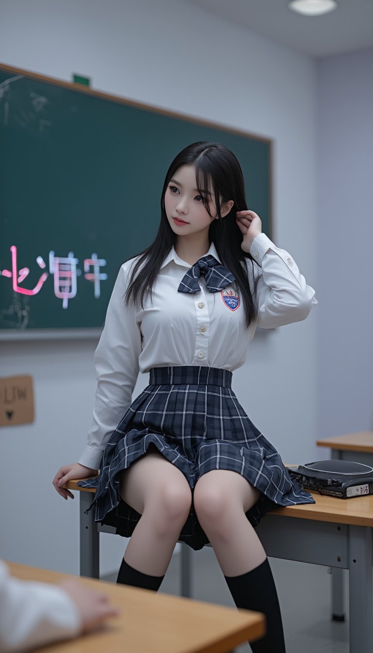 (masterpiece, realistic, best quality, ultra detailed), school girl, (1girl), cute, extreme detailed, (black_hair), highest detailed, facing_viewer, on classroom, school uniform, miniskirt, long hair, school uniform, text "Asian School Girl" on Neon Box