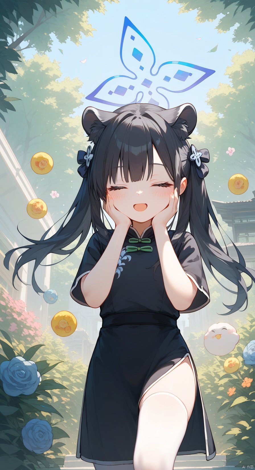 (score_9,score_8_up,score_7_up), (masterpiece),( beautiful),(high quality),(finely detailed),extremely detailed CG unity 8k wallpaper,best quality, 
1girl, solo, long hair, blush, smile, open mouth, bangs, black hair, thighhighs, dress, animal ears, twintails, closed eyes, short sleeves, food, black dress, white thighhighs, animal ear fluff, halo, chinese clothes, aged down, china dress, hands on own face, tiger ears, hands on own cheeks, tiger girl, shun \(blue archive\),shunBA