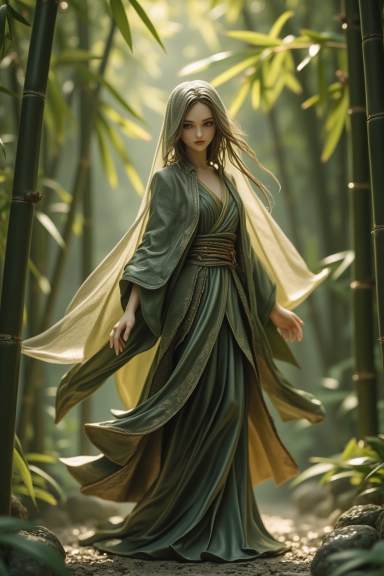 A detailed figurine of a woman standing in a bamboo forest, wearing a flowing veil that dances in the breeze. The scene is set amidst tall bamboo stalks, with sunlight filtering through the leaves, casting dappled shadows on the ground. The lighting is soft and natural, highlighting the woman's serene expression and the intricate details of her attire. The composition is centered, with the woman's veil partially covering her face, capturing the essence of mystery and tranquility.