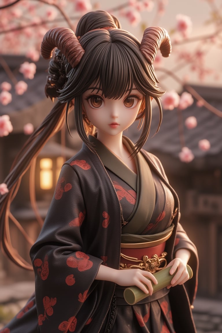 A detailed figurine of Nezuko, the anime character from Demon Slayer, in her iconic kimono and with her distinctive horns. The scene is set in a traditional Japanese village, with wooden houses and cherry blossoms in the background. The lighting is soft and warm, highlighting Nezuko's expressive eyes and the intricate details of her attire. The composition is centered, with Nezuko holding a small bamboo tube, capturing the essence of her gentle yet determined spirit.