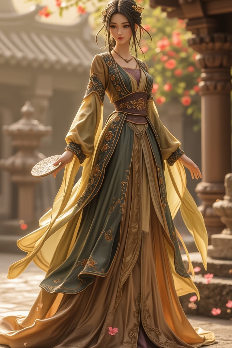 A detailed figurine of a princess in a majestic ancient dress, standing gracefully with a serene expression. The scene is set in an ancient palace courtyard, with stone pillars and blooming flowers in the background. The lighting is soft and golden, highlighting the intricate embroidery and flowing fabric of the dress. The composition is centered, with the princess holding a delicate fan, capturing the essence of elegance and nobility.