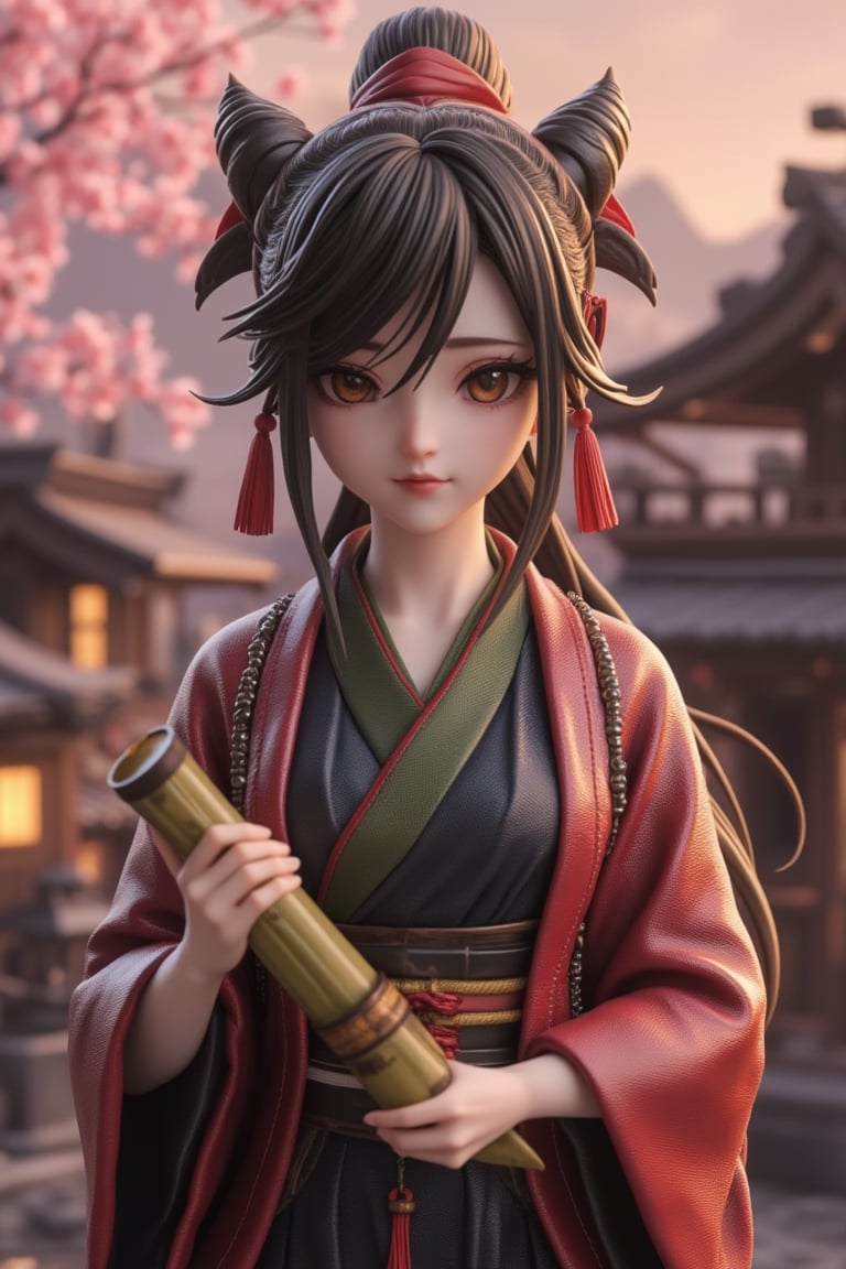 A detailed figurine of Nezuko, the anime character from Demon Slayer, in her iconic kimono and with her distinctive horns. The scene is set in a traditional Japanese village, with wooden houses and cherry blossoms in the background. The lighting is soft and warm, highlighting Nezuko's expressive eyes and the intricate details of her attire. The composition is centered, with Nezuko holding a small bamboo tube, capturing the essence of her gentle yet determined spirit.