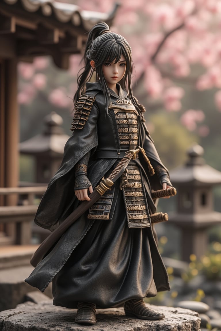 A detailed figurine of a young girl dressed as a samurai, holding a Japanese sword, standing in a dynamic pose. The scene is set in a traditional Japanese garden with cherry blossoms in the background. The lighting is soft and natural, highlighting the intricate details of the samurai armor and the girl's determined expression. The composition is centered, with the sword slightly raised, capturing the essence of a warrior ready for action.