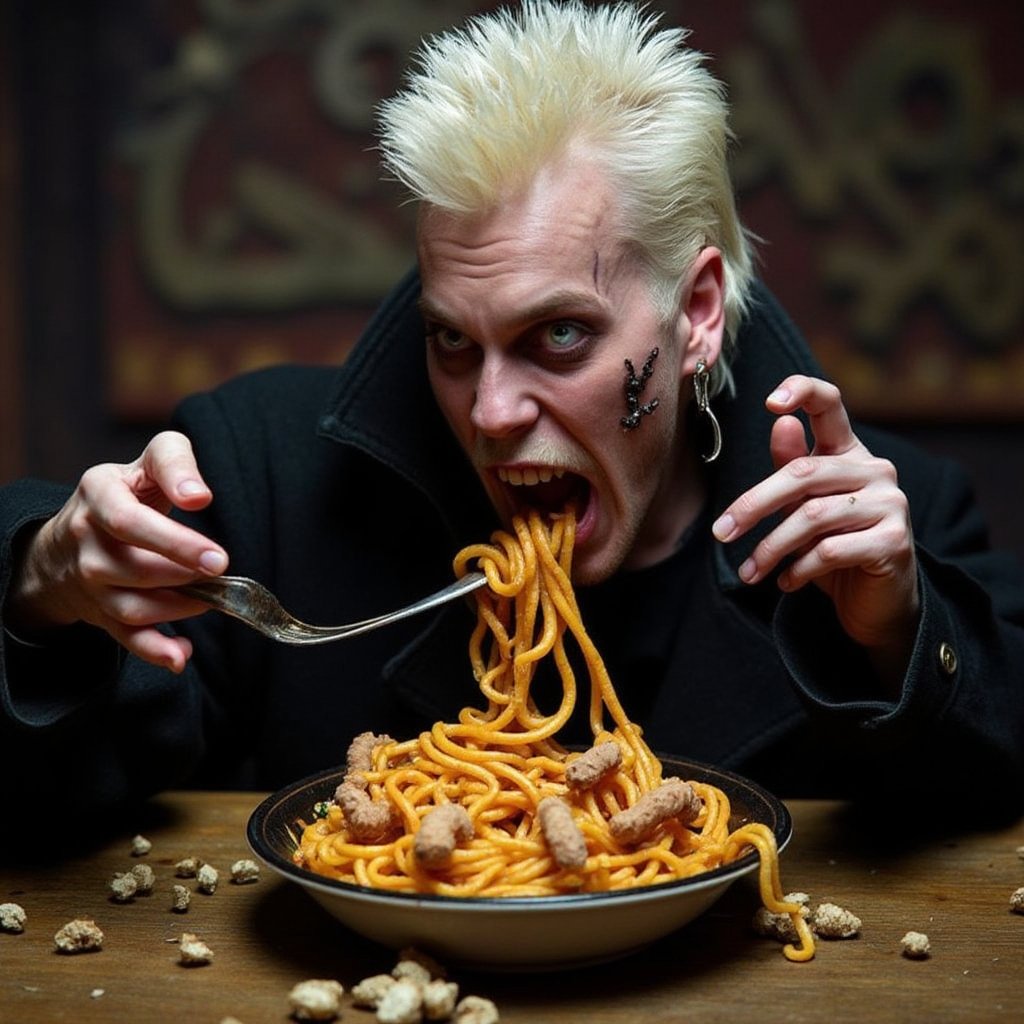 David the vampire eating noodles with worms inside