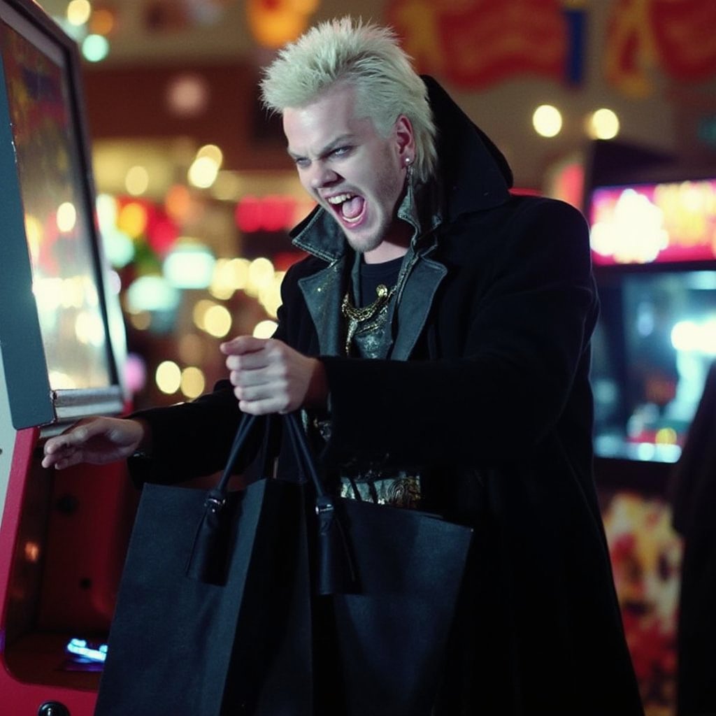 Cinematic, full body shot, taken with panavision, of evil Vampire playing arcades at the mall, he's very angry because he lost again to the stupid arcade!, he's wearing his 80s vampire gothic attire, and is carrying many shopping bags, annoyed by the people all around the mall he is angry and wants to get the best offers first. He has his distinctive looks of blonde platinum hair and evil grin, yellow vampiric eyes.