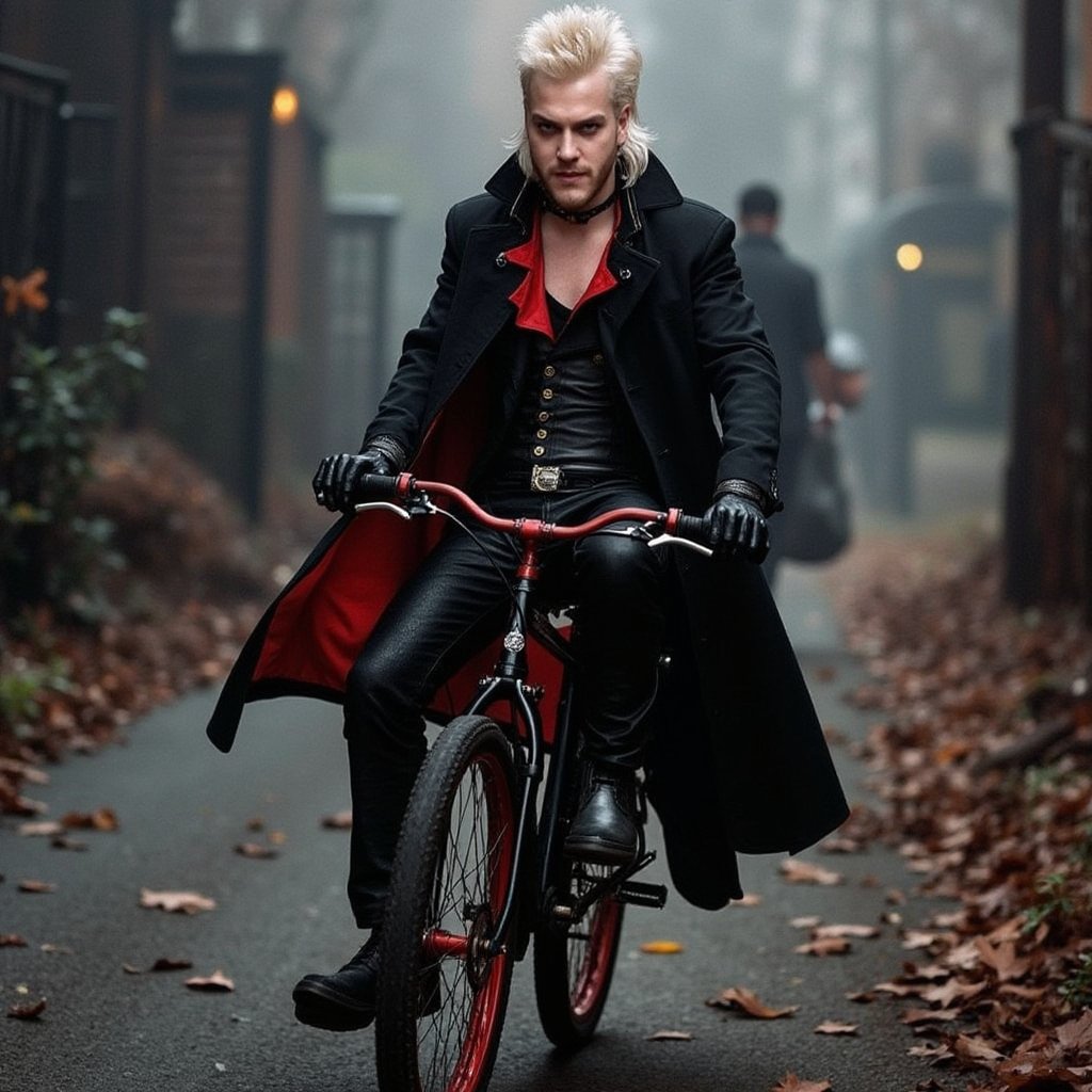 David the vampire, wearing goth clothes and riding a bike