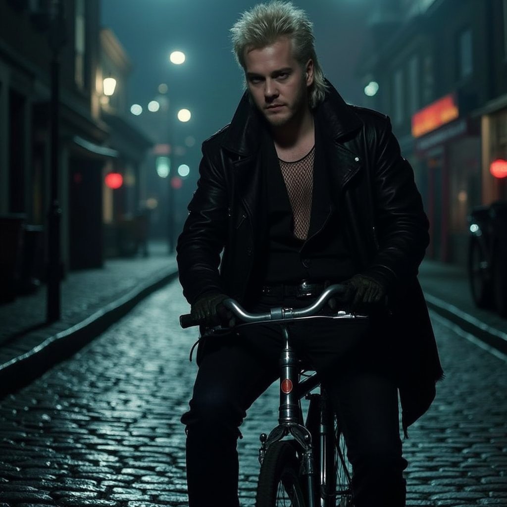 A moody, misty night scene: David, a brooding vampire in black leather jacket, ripped fishnet shirt, and dark jeans, sits astride his bicycle, its chrome handlebars glinting in the faint moonlight. His piercing gaze casts a long shadow across the cobblestone street, while the city's neon lights hum in the background, casting an otherworldly glow on the dark landscape.