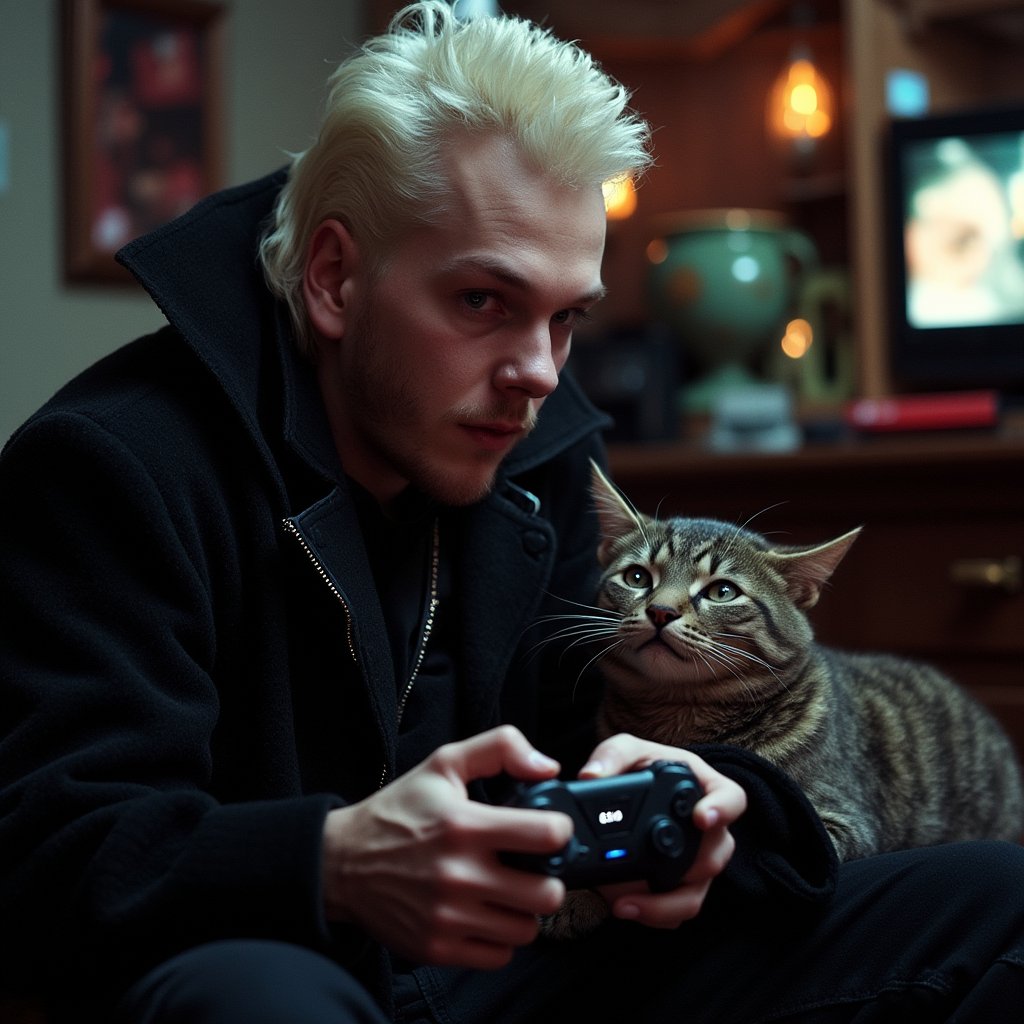 David the vampire playing video games with his pet cat