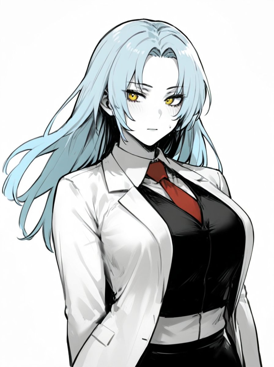 1girl, solo, masterpiece, upper body, white background, simple background, (frong_view), greyscale,monochrome, white collared shirt, black pencil skirt, red necktie, black stockings, black vest, white labcoat, office lady, sky blue hair, parted bangs,LC Angela, golden eyes,