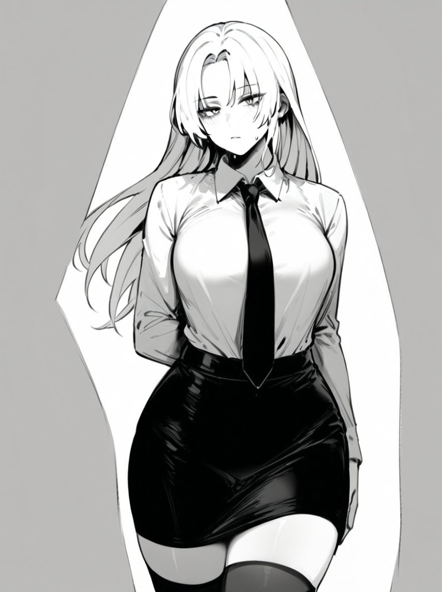 1girl, solo, masterpiece, cowboy_shot, white background, simple background, (frong_view), greyscale,monochrome, white collared long sleeves shirt, black pencil skirt, black necktie, black stockings, office lady, white hair, parted bangs, long hair