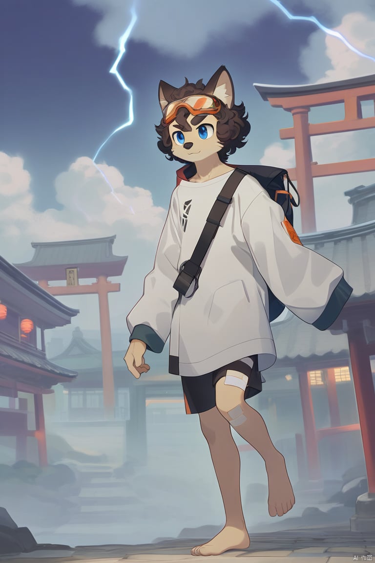 A dynamic scene unfolds as the muscular male, sporting goggles on his forehead and a collarbone-length haircut with messy curls, dons cat ears and a Hand Strap. His red and blue eyes gleam amidst thick eyebrows. A scar adorns his nose. The atmosphere is charged with lightning surrounding him,  He stands barefoot,  wearing a T-shirt under a furry coat,  doggy eyes . His curly hair sticks out in every direction, and thick eyebrows frame his gaze.,bandaid on leg,Chinese architecture,  torii, solo,Leaks out of the right shoulder, blue fire,neon light, cityscape,White balayage,Orange scrubbed white hair,Expose right shoulder,no shoes,barefoot,fursuit, 