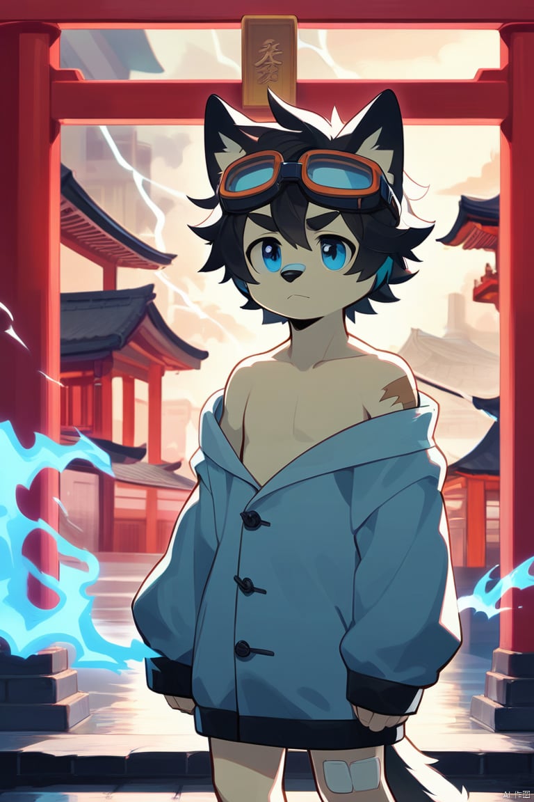 A dynamic scene unfolds as the muscular male, sporting goggles on his forehead and a collarbone-length haircut with messy curls, dons cat ears and a Hand Strap. His red and blue eyes gleam amidst thick eyebrows. A scar adorns his nose. The atmosphere is charged with lightning surrounding him,  He stands barefoot,  wearing a T-shirt under a furry coat,  doggy eyes . His curly hair sticks out in every direction, and thick eyebrows frame his gaze.,bandaid on leg,Chinese architecture,  torii, solo,Leaks out of the right shoulder, blue fire,neon light, cityscape,White balayage,Orange scrubbed white hair,Expose right shoulder,no shoes,barefoot,fursuit, 