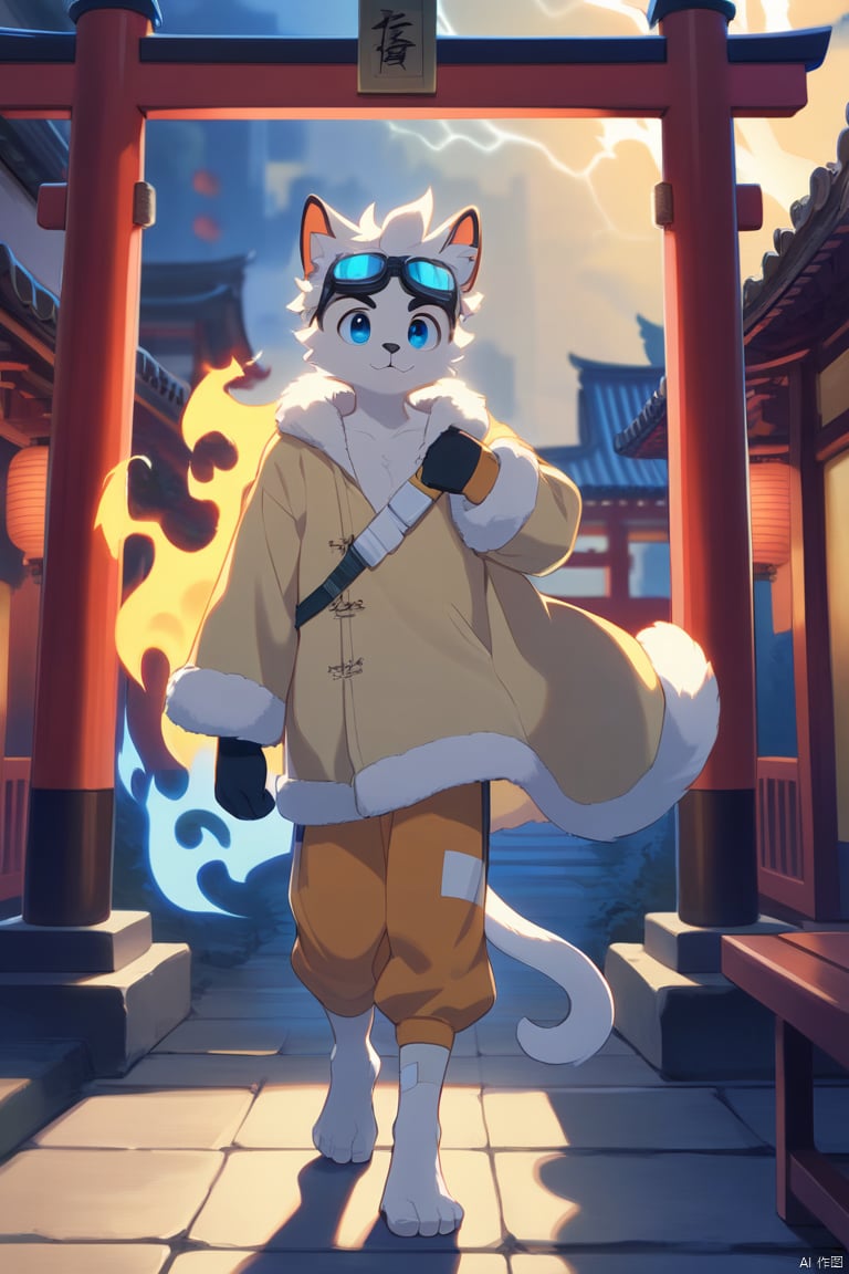 A dynamic scene unfolds as the muscular male, sporting goggles on his forehead and a collarbone-length haircut with messy curls, dons cat ears and a Hand Strap. His red and blue eyes gleam amidst thick eyebrows. A scar adorns his nose. The atmosphere is charged with lightning surrounding him,  He stands barefoot,  wearing a T-shirt under a furry coat,  doggy eyes . His curly hair sticks out in every direction, and thick eyebrows frame his gaze.,bandaid on leg,Chinese architecture,  torii, solo,Leaks out of the right shoulder, blue fire,neon light, cityscape,White balayage,Orange scrubbed white hair,Expose right shoulder,no shoes,barefoot,fursuit, 