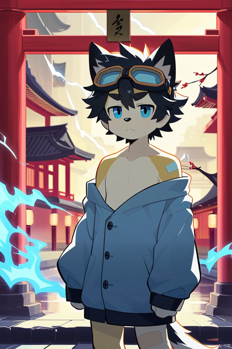 A dynamic scene unfolds as the muscular male, sporting goggles on his forehead and a collarbone-length haircut with messy curls, dons cat ears and a Hand Strap. His red and blue eyes gleam amidst thick eyebrows. A scar adorns his nose. The atmosphere is charged with lightning surrounding him,  He stands barefoot,  wearing a T-shirt under a furry coat,  doggy eyes . His curly hair sticks out in every direction, and thick eyebrows frame his gaze.,bandaid on leg,Chinese architecture,  torii, solo,Leaks out of the right shoulder, blue fire,neon light, cityscape,White balayage,Orange scrubbed white hair,Expose right shoulder,no shoes,barefoot,fursuit, 